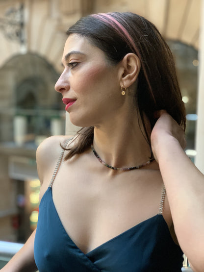Watermelon tourmaline Necklace with Gold Disks