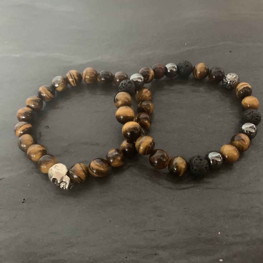 Set : Tiger eye bracelet, lava stone bracelet
