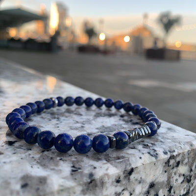 Lapis Lazuli Bracelet Hematite 6 mm with 7 Square Disks