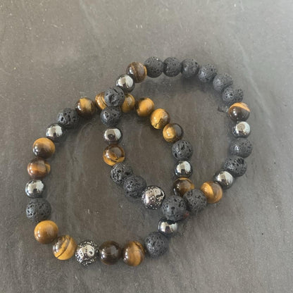 Tiger eye bracelet, lava stone and lava stone plated