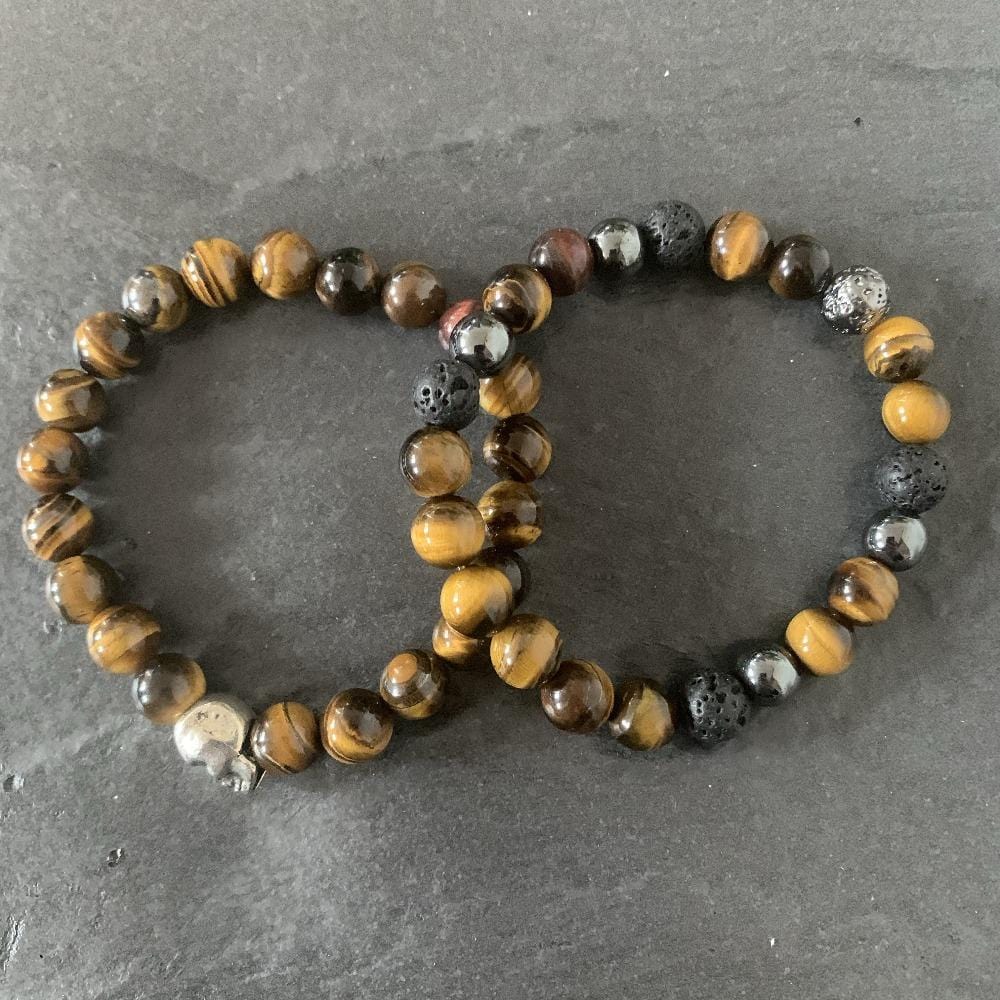 Set : Tiger eye bracelet, lava stone bracelet
