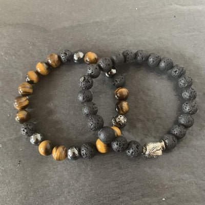 Set : Tiger eye bracelet, Buddha lava stone bracelet