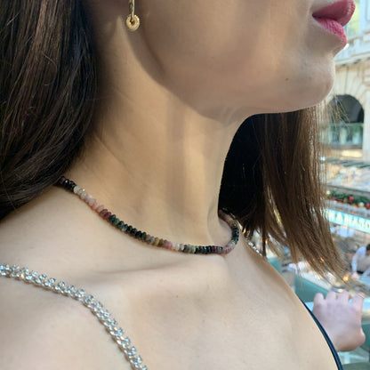 Watermelon tourmaline Necklace with Gold Disks