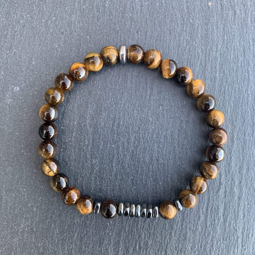Tiger eye bracelet with square hematite disks 6 mm