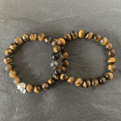 Set : Skull Tiger eye bracelet, Tiger eye with Black onyx and lava stone plated