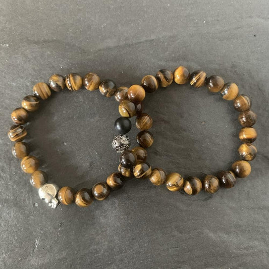 Set : Skull Tiger eye bracelet, Tiger eye with Black onyx and lava stone plated