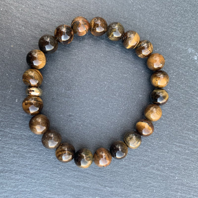 Tiger Eye Bracelet with a Gold Disk 8 mm