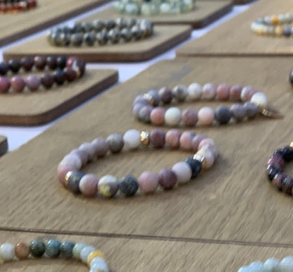 Sesame Pink Jasper Bracelet Gold Plated Disk 18k