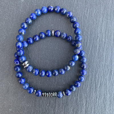 Lapis Lazuli Bracelet Hematite 7 Square Disks Gunmetal
