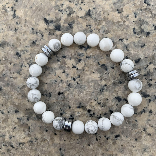 White Howlite Bracelet with duo 
disk hematite