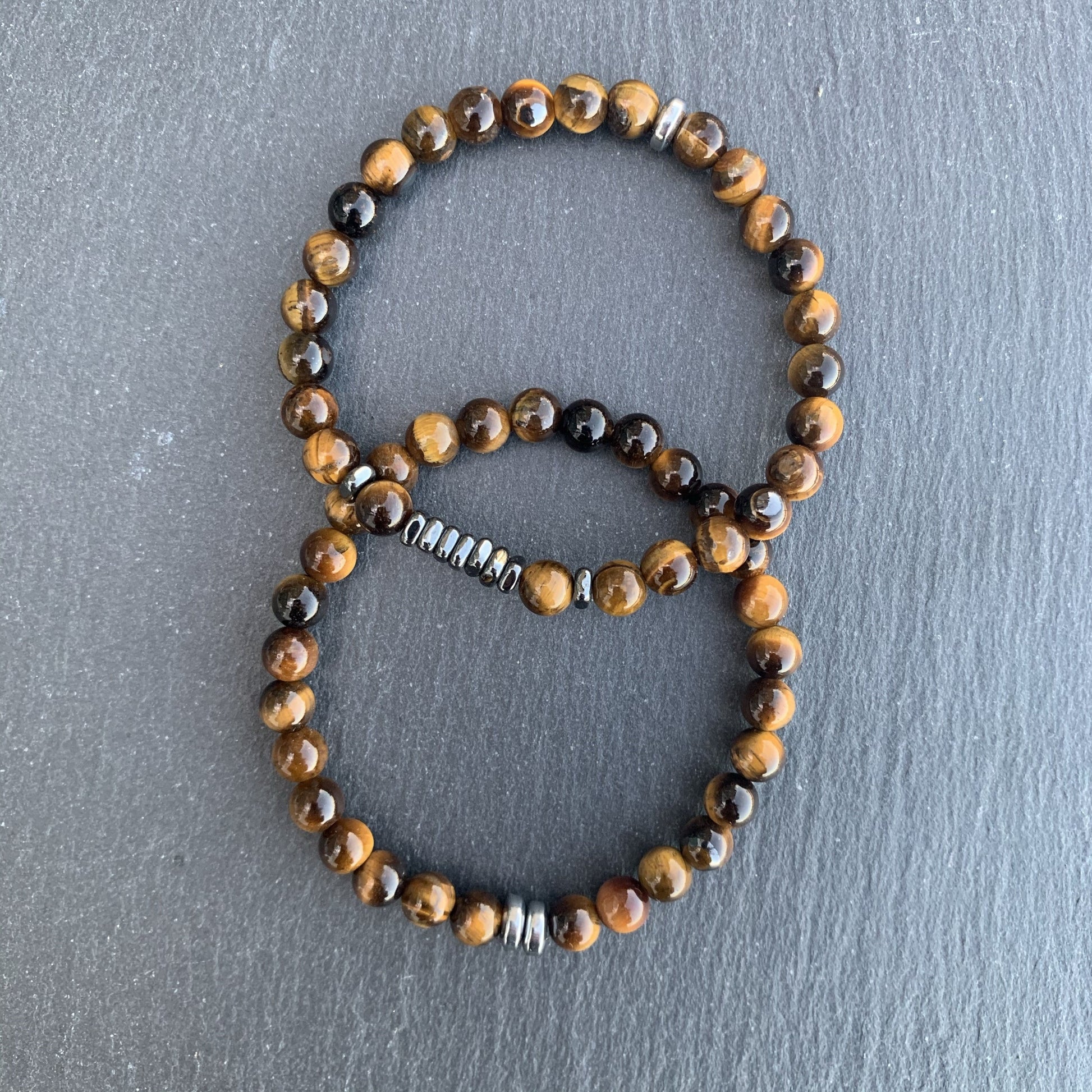 Tiger eye bracelet with square hematite disks 6 mm