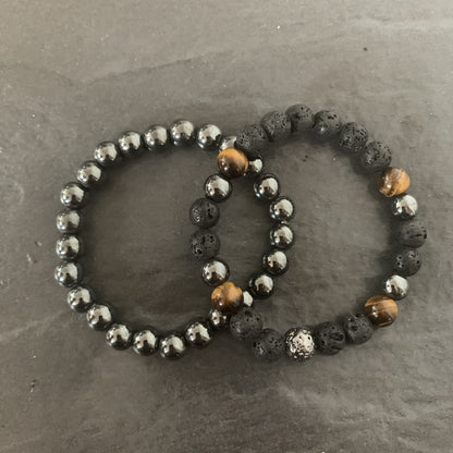 Set : Hematite bracelet, Lava stone and Tiger eye bracelet