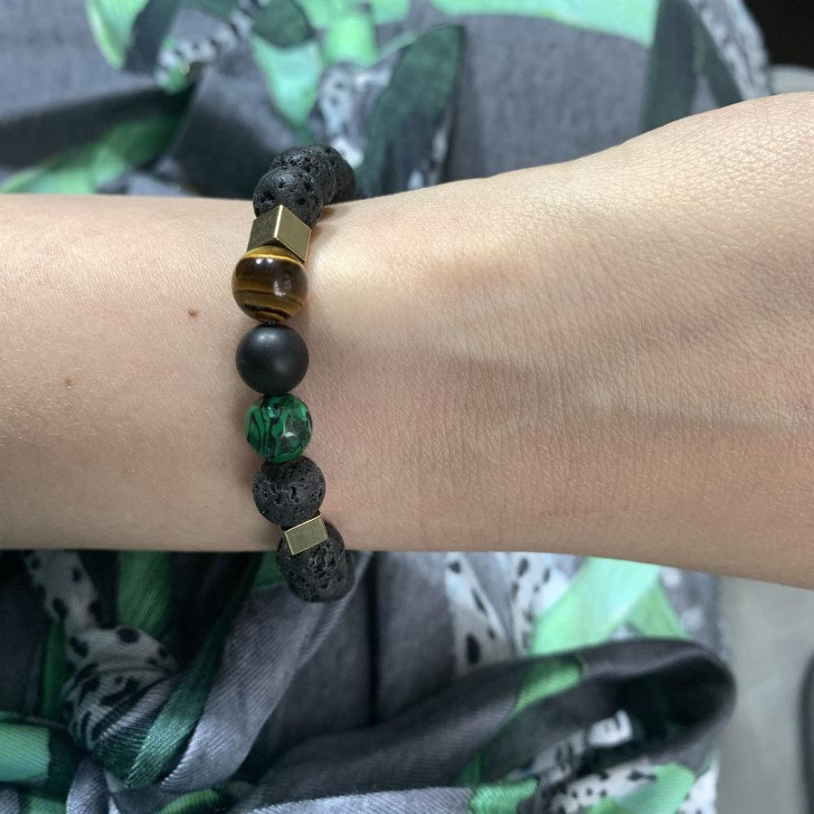 Lava stone bracelet, tiger eye, green regalite and golden square