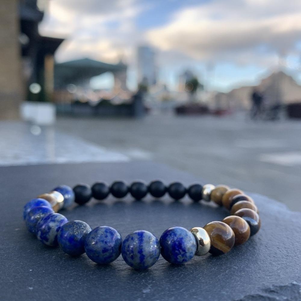 Mi Cielo London Bracelet Black onyx, Lapis Lazuli & Tiger Eye Bracelet Gold Disk