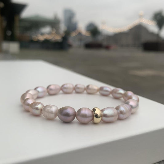 Pink Pearl gold bracelet, with gold plated 18k disk