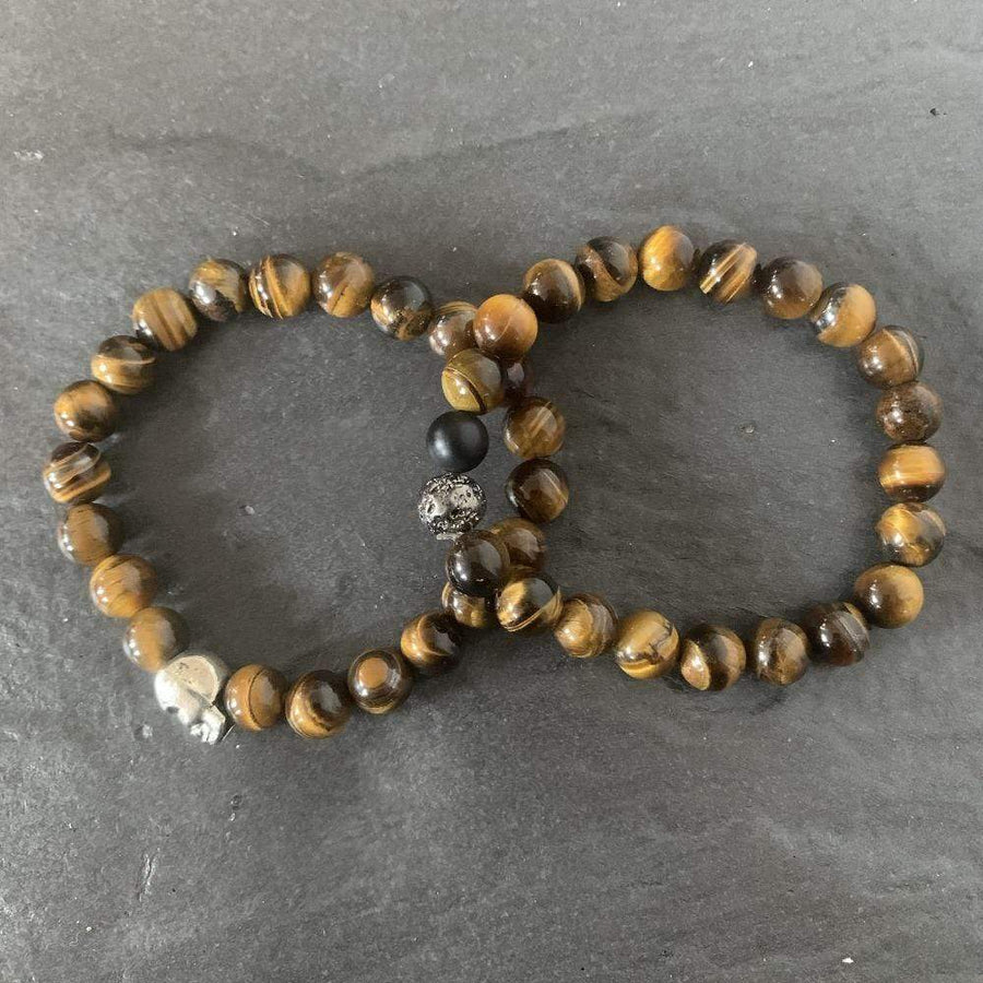 Set : Skull Tiger eye bracelet, Tiger eye with Black onyx and lava stone plated