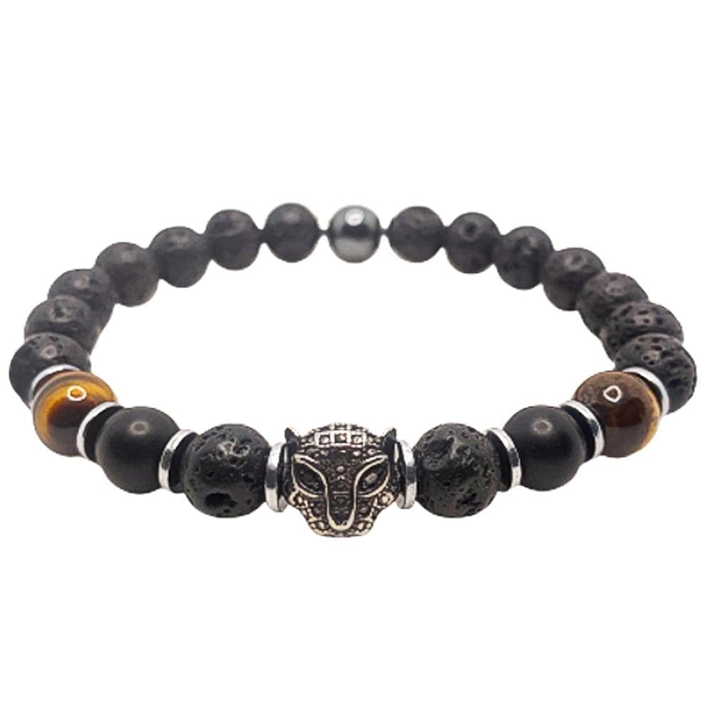 Jaguar <br> Tiger Eye and Lava Stone Bracelet (Stainless Steel)